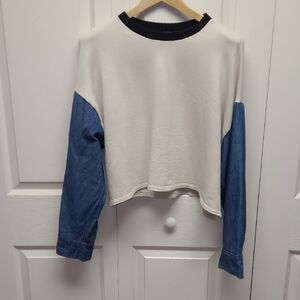 Zara Oversized Cream Crop Pullover Top with Blue Denim Long Sleeves